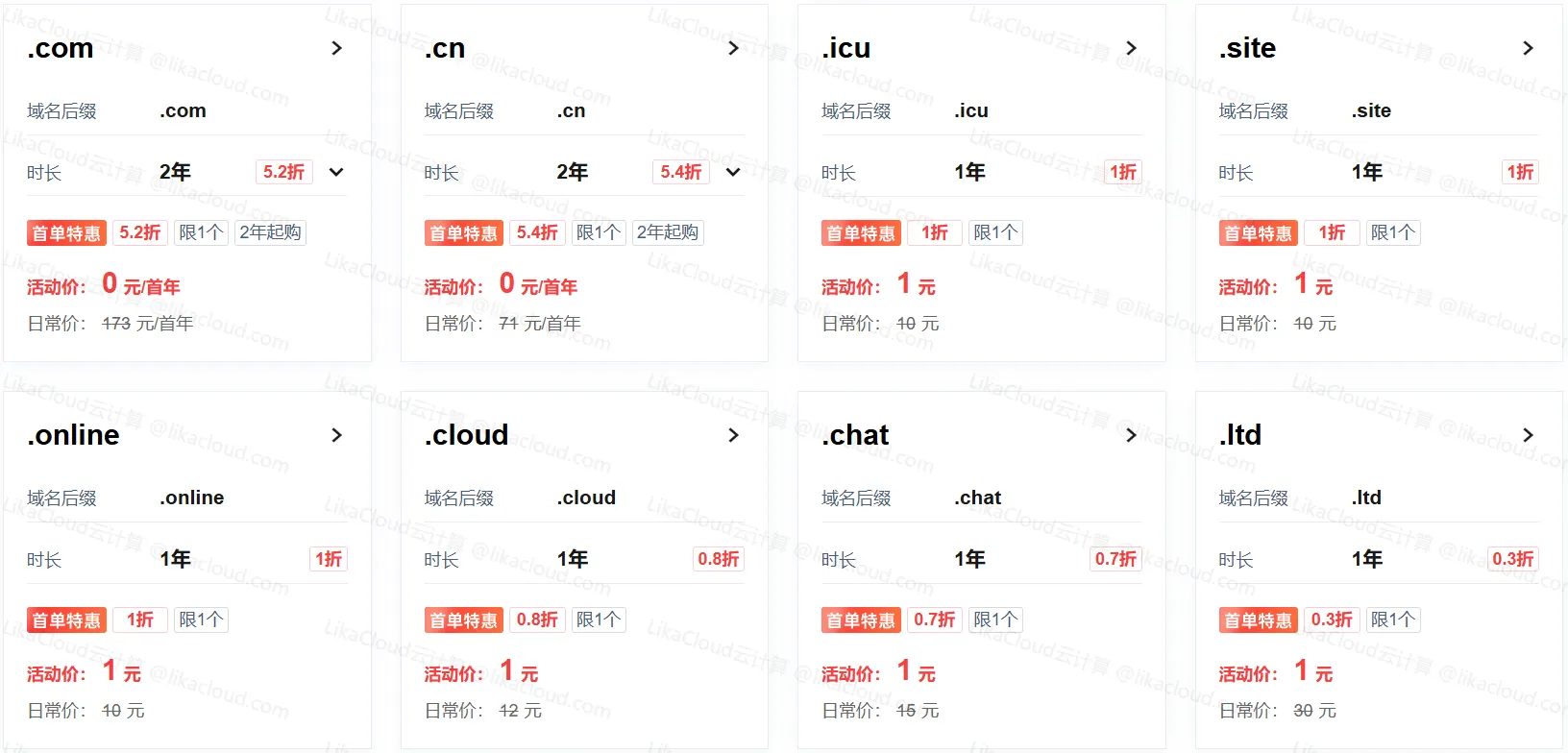 腾讯云域名特惠专场来袭：新客注册 .com / .cn 首年 0 元，1 元解锁更多个性域名 - LikaCloud云计算