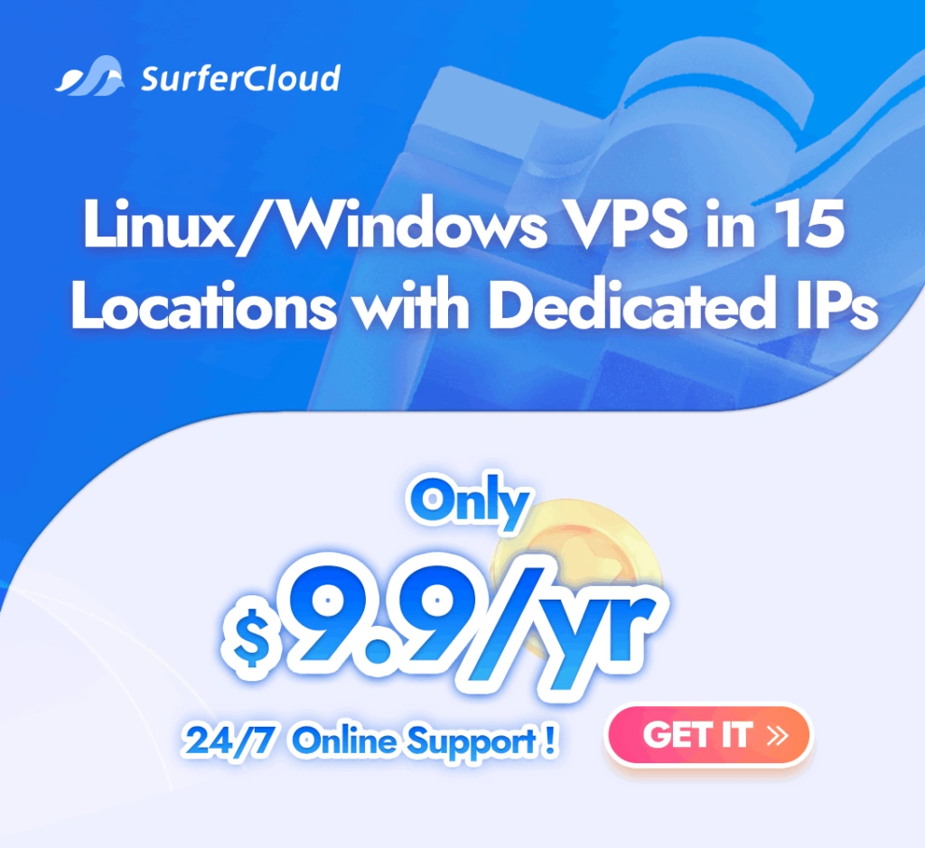 서퍼클라우드 리눅스/윈도우 VPS: 15개 노드, 전용 IP, 최저 $9.9 USD/년